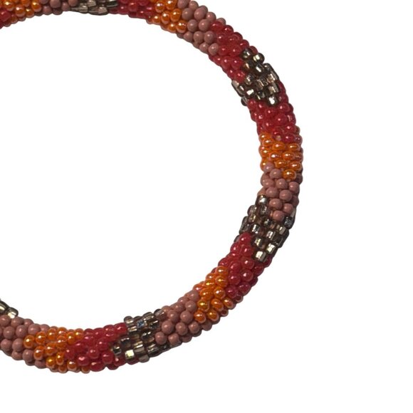 Sashka Bracelet Handmade Boho Chic Crochet Beaded Roll-On Orange Red Gold Pink - Picture 2 of 3